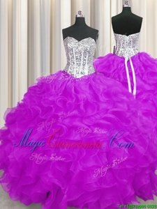 Custom Design Sweetheart Sleeveless Lace Up Quince Ball Gowns Purple Organza