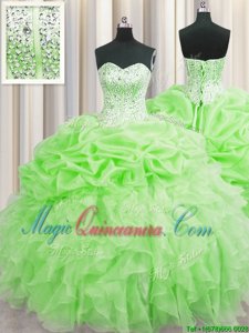 Superior Visible Boning Floor Length Sweet 16 Quinceanera Dress Organza Sleeveless Beading and Ruffles and Pick Ups