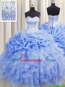 Gorgeous Visible Boning Baby Blue Sleeveless Floor Length Ruffles and Pick Ups Lace Up Quinceanera Dress