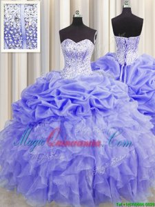 Customized Visible Boning Lavender Sleeveless Floor Length Beading and Ruffles and Pick Ups Lace Up Ball Gown Prom Dress