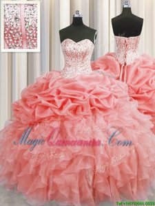 Pick Ups Visible Boning Watermelon Red Sleeveless Organza Lace Up 15 Quinceanera Dress for Military Ball and Sweet 16 and Quinceanera