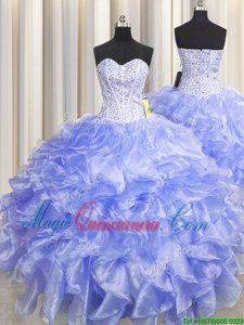 High Quality Visible Boning Zipper Up Lavender Quinceanera Gowns Military Ball and Sweet 16 and Quinceanera and For with Beading and Ruffles Sweetheart Sleeveless Zipper