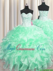Visible Boning Apple Green Sleeveless Organza Zipper Vestidos de Quinceanera for Military Ball and Sweet 16 and Quinceanera