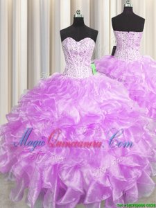 Fantastic Visible Boning Zipper Up Lilac Zipper 15th Birthday Dress Beading and Ruffles Sleeveless Floor Length