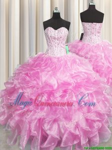 Unique Visible Boning Zipper Up Sweetheart Sleeveless Sweet 16 Dresses Floor Length Beading and Ruffles Rose Pink Organza