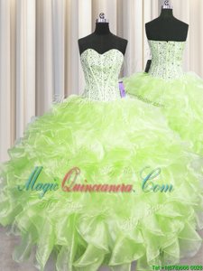Designer Visible Boning Yellow Green Zipper Sweetheart Beading and Ruffles Quinceanera Gowns Organza Sleeveless