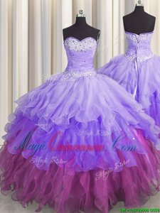 Multi-color Sleeveless Floor Length Beading and Ruffles and Ruffled Layers and Sequins Lace Up 15 Quinceanera Dress