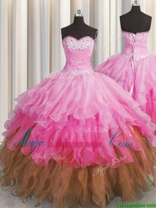Sleeveless Floor Length Beading and Ruffles and Ruffled Layers and Sequins Lace Up Sweet 16 Dresses with Multi-color