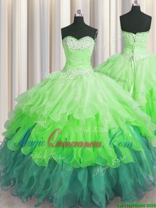 Artistic Multi-color Lace Up Quinceanera Dress Beading and Ruffles and Ruffled Layers and Sequins Sleeveless Floor Length