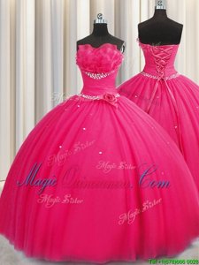 Fashion Handcrafted Flower Hot Pink Quinceanera Gown Military Ball and Sweet 16 and Quinceanera and For with Beading and Sequins and Hand Made Flower Strapless Sleeveless Lace Up