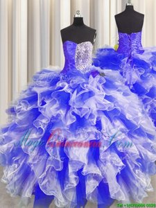 Floor Length Lace Up Quince Ball Gowns Blue And White and In for Military Ball and Sweet 16 and Quinceanera with Beading and Ruffles and Ruching