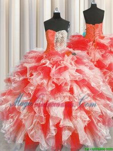 Red Lace Up Quinceanera Dress Beading and Ruffles Sleeveless Floor Length