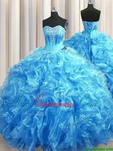 Lace Up Quinceanera Gown Baby Blue and In for Military Ball and Sweet 16 and Quinceanera with Beading and Ruffles Sweep Train