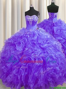 Excellent Brush Train Ball Gowns Sweet 16 Quinceanera Dress Lavender Sweetheart Organza Sleeveless Lace Up