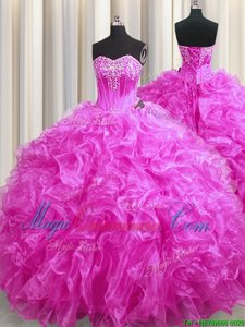 Low Price Fuchsia Sleeveless Sweep Train Beading and Ruffles 15th Birthday Dress