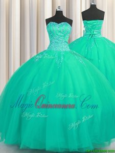 Really Puffy Sleeveless Floor Length Beading Lace Up 15 Quinceanera Dress with Turquoise