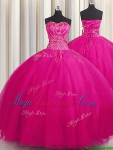 Low Price Big Puffy Sweetheart Sleeveless Lace Up Quinceanera Gowns Fuchsia Tulle