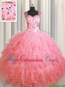 See Through Zipper Up Square Sleeveless Quinceanera Dresses Floor Length Beading and Ruffles Pink Organza