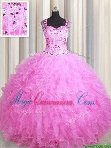 High Quality See Through Zipper Up Sleeveless Floor Length Beading and Ruffles Zipper Quinceanera Gown with Rose Pink