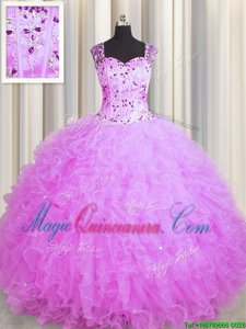 See Through Zipper Up Lilac Ball Gowns Square Sleeveless Organza Floor Length Zipper Beading and Ruffles Quince Ball Gowns