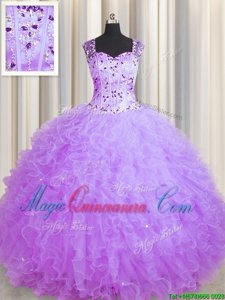 See Through Zipper Up Purple 15 Quinceanera Dress Military Ball and Sweet 16 and Quinceanera and For with Beading and Ruffles Square Sleeveless Zipper