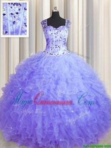 Fantastic See Through Zipper Up Lavender Quinceanera Gowns Military Ball and Sweet 16 and Quinceanera and For with Beading and Ruffles Square Sleeveless Zipper