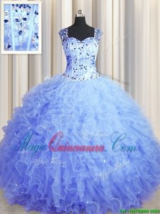Shining See Through Zipper Up Tulle Square Sleeveless Zipper Beading and Ruffles Quinceanera Dresses in Lavender