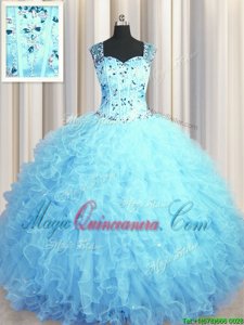 Extravagant See Through Zipper Up Baby Blue Square Neckline Beading and Ruffles Quinceanera Dresses Sleeveless Zipper