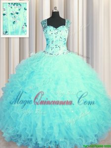 Clearance See Through Zipper Up Tulle Square Sleeveless Zipper Beading and Ruffles 15th Birthday Dress in Aqua Blue