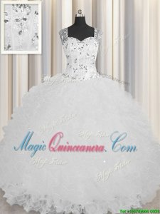 Exceptional See Through Zipper Up White Zipper Square Beading and Ruffles 15 Quinceanera Dress Tulle Sleeveless