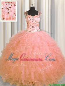 Traditional See Through Zipper Up Straps Sleeveless Tulle Quinceanera Gown Beading and Ruffles Zipper
