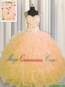 See Through Zipper Up Gold Ball Gowns Tulle Straps Sleeveless Beading and Ruffles Floor Length Zipper Ball Gown Prom Dress