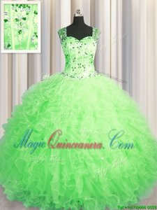 See Through Zipper Up Ball Gowns Straps Sleeveless Tulle Floor Length Zipper Beading and Ruffles Quinceanera Gown