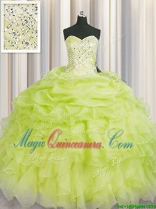 Sleeveless Floor Length Beading and Ruffles Lace Up Quinceanera Gown with Yellow Green