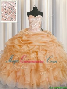 Gold Organza Lace Up 15th Birthday Dress Sleeveless Floor Length Beading and Ruffles