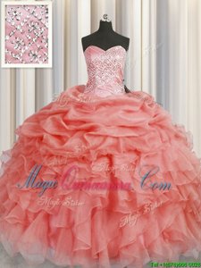 Sexy Ball Gowns Sweet 16 Quinceanera Dress Watermelon Red Sweetheart Organza Sleeveless Floor Length Lace Up