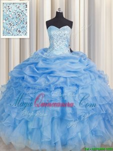 Floor Length Baby Blue Quinceanera Gowns Organza Sleeveless Beading and Ruffles