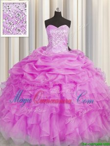 Fancy Floor Length Lace Up Sweet 16 Dress Lilac and In for Military Ball and Sweet 16 and Quinceanera with Beading and Ruffles