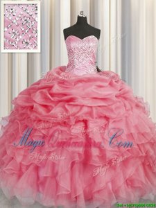 Coral Red Sleeveless Floor Length Beading and Ruffles Lace Up 15 Quinceanera Dress
