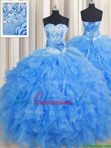 Sexy Handcrafted Flower Ball Gowns Sweet 16 Quinceanera Dress Baby Blue Sweetheart Organza Sleeveless Floor Length Lace Up