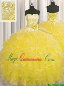 Customized Handcrafted Flower Gold Organza Lace Up Sweetheart Sleeveless Floor Length Quince Ball Gowns Beading and Ruffles and Hand Made Flower