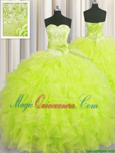 Handcrafted Flower Yellow Green Ball Gowns Sweetheart Sleeveless Organza Floor Length Lace Up Beading and Ruffles and Hand Made Flower Quince Ball Gowns