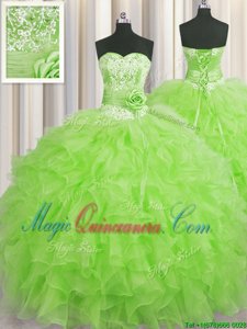 Handcrafted Flower Floor Length Lace Up 15 Quinceanera Dress for Military Ball and Sweet 16 and Quinceanera with Beading and Ruffles and Hand Made Flower