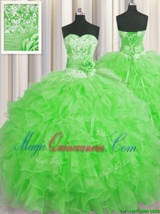 Handcrafted Flower Sleeveless Lace Up Floor Length Beading and Ruffles and Hand Made Flower Quince Ball Gowns