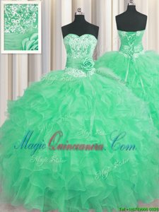 Smart Handcrafted Flower Apple Green Sleeveless Floor Length Beading and Ruffles and Hand Made Flower Lace Up Ball Gown Prom Dress