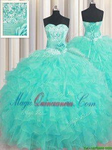 Handcrafted Flower Aqua Blue Sweetheart Lace Up Beading and Ruffles and Hand Made Flower Vestidos de Quinceanera Sleeveless