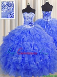 Handcrafted Flower Sweetheart Sleeveless Lace Up Ball Gown Prom Dress Royal Blue Organza