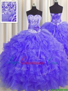Classical Handcrafted Flower Lavender Ball Gowns Sweetheart Sleeveless Organza Floor Length Lace Up Beading and Ruffles and Hand Made Flower Quinceanera Dress