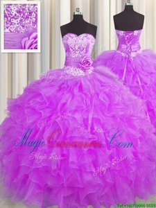 Custom Designed Handcrafted Flower Sleeveless Floor Length Beading and Ruffles and Hand Made Flower Lace Up 15th Birthday Dress with Purple