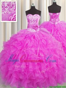 Colorful Handcrafted Flower Beading and Ruffles and Hand Made Flower 15 Quinceanera Dress Fuchsia Lace Up Sleeveless Floor Length
